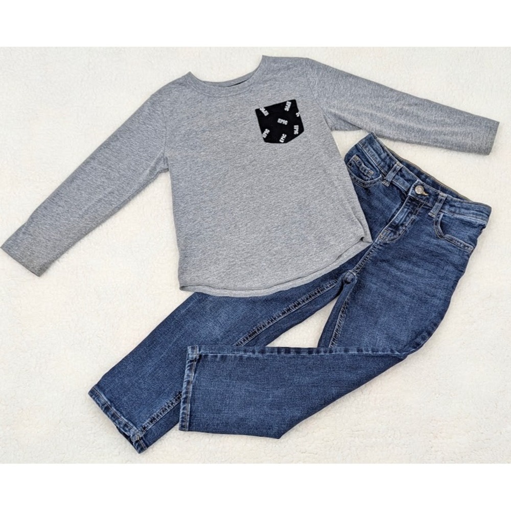Okie Dokie 2 Piece Shirt And adjustable Jeans Outfit Set 5T Gray Blue Pocket Tee